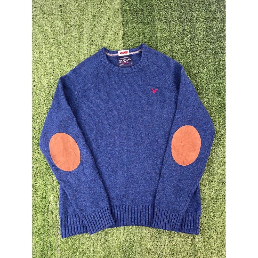 American Eagle Mens Athletic Fit Blue Marl Sweater Elbow Patches Size L